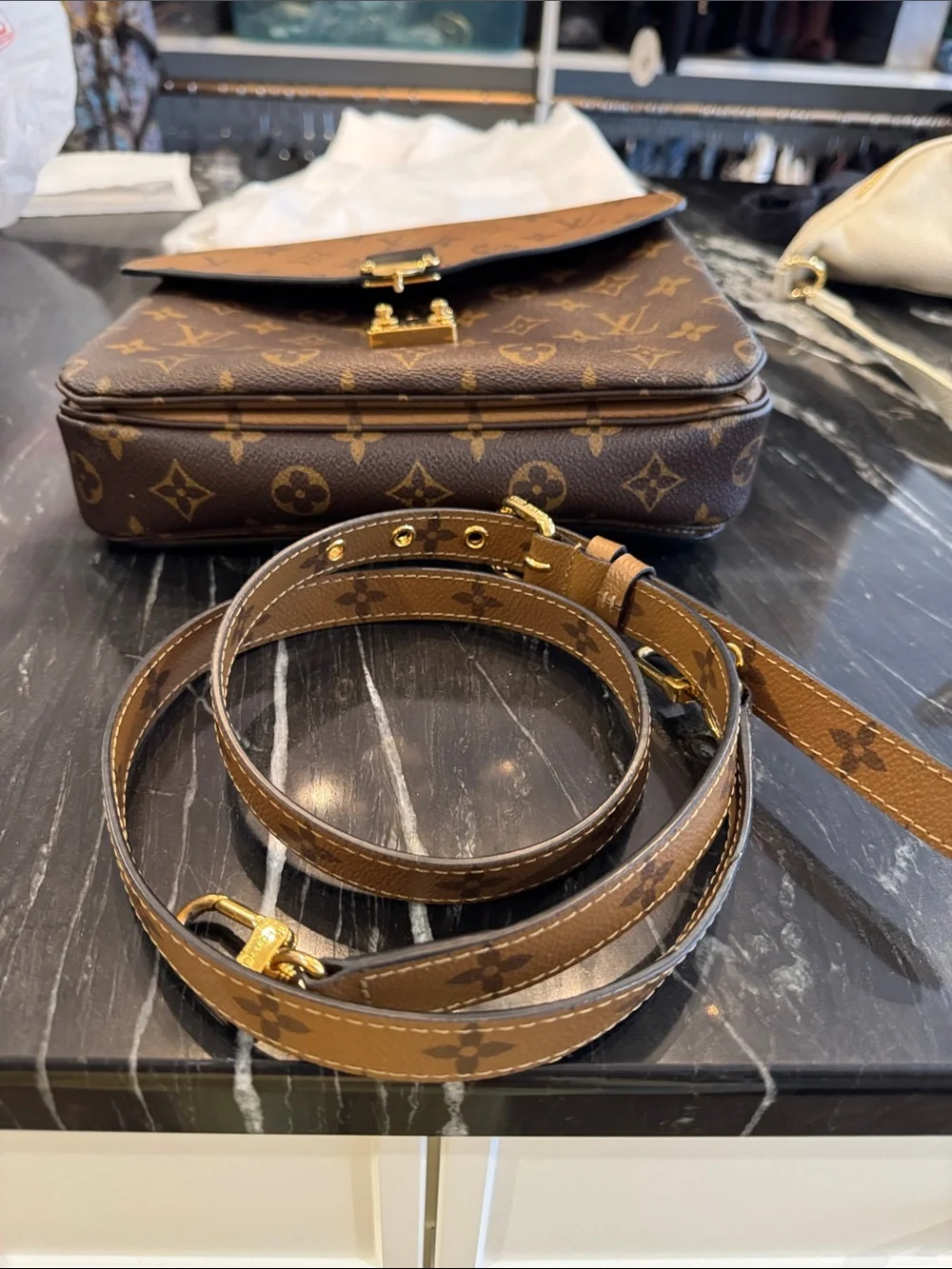 Louis Vuitton Brown/Tan Monogram Reversible Satchel with Gold Hardware